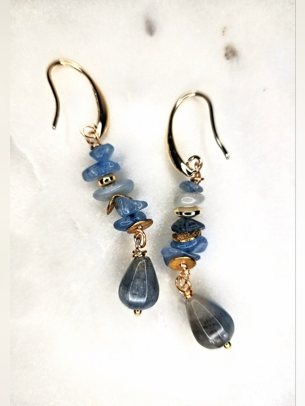Natural Chip Stacked Aquamarine In Artisan HandMade Gold Plated Earrings